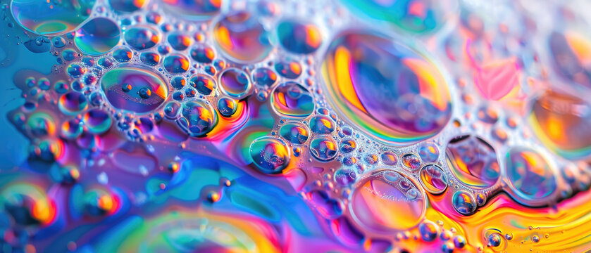 Abstract oil texture background, rainbow watercolor with foam, bubble pattern of liquid surface. Concept of color, iridescent, water, gradient, banner.