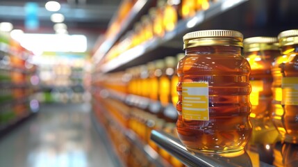 Golden Honey Jars Lined Up on Supermarket Shelves