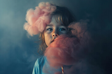 a little girl with cotton candy in her hand, happy childhood