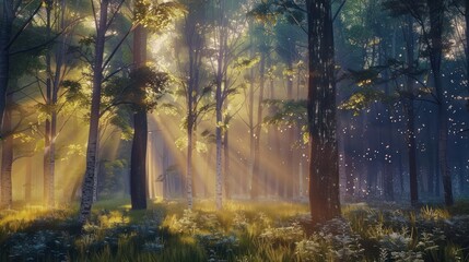 Beautiful scene morning in the green forest with sunlight landscape. AI generated image