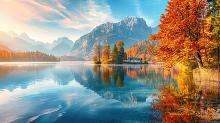 Beautiful morning view of autumn scene with lake and mountain nature background. AI generated