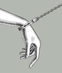 A woman's hand handcuffed on a long chain. Black and white drawing in vintage engraving style. Vector illustration