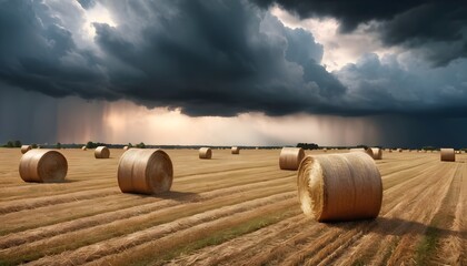 This is an image of vast field with scattered hay bales under dramatic cloudy sky. The sky above is filled with thick, dark clouds indicating an impending storm or rain 