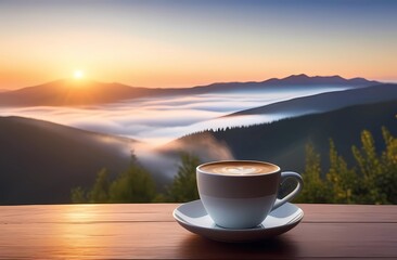 A cup of hot coffee against the backdrop of mountains and dawn. Cheerfulness from the beginning of the day - obrazy, fototapety, plakaty