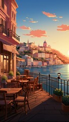 Charming coastal town bathed in warm sunset glow, offering a peaceful and serene atmosphere. Cozy cafe with outdoor seating provides a perfect spot to relax and enjoy the stunning view. Illustration.