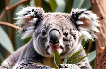 A cute koala sitting in a eucalyptus tree. Wildlife