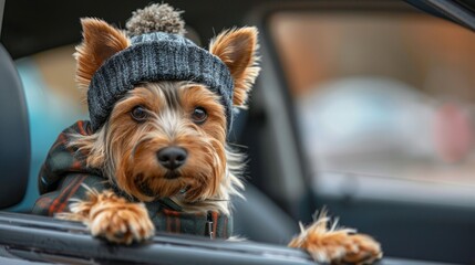 Trendy hat wearing Small dog breed yorkshire Terrier looks out the open window of the car. Closeup