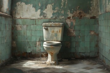 A condemned bathroom with dirty toilets in an abandoned warehouse factory abandoned toilets and abandoned toilets broken tiles moss and plants The toilet is dirty restroom abandoned by people and care