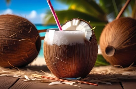 Coconut cocktail with a straw.