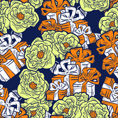 Gift box, ribbon and flowers seamless pattern for wrapping present with bow, party celebration, sale promotion, Textile print, fabric design, banner background. Hand drawn illustration cartoon style.