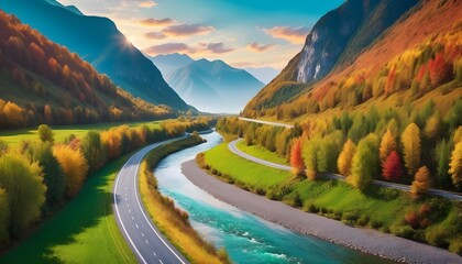 Photo of road beside calm river, nestled between lush green and autumnal colored mountains