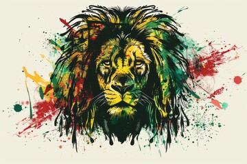 Vector illustration of a reggae lion head with dreadlocks in the style of rasta colors green, yellow, red and white paint splashes on an isolated background, a vector design for a tshirt print or desi