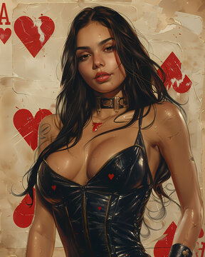 Vibrant Marvel-esque Art: Reimagined Queen of Hearts Playing Card with Cute Teen Girl and Beige Paper Backdrop