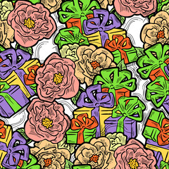 Gift box, ribbon and flowers seamless pattern for wrapping present with bow, party celebration, sale promotion, Textile print, fabric design, banner background. Hand drawn illustration cartoon style.