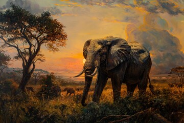 wild africa, sunset in africa, desert trees, sunset and sunlight. elephant walks in nature. African nature, landscape