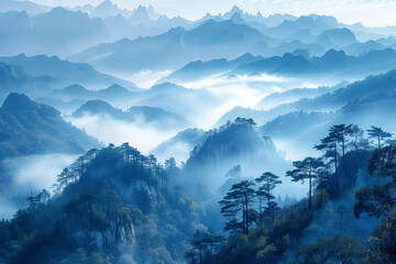 Amazing nature scenery, mountains under morning mist 