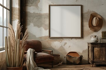 A mockup of a blank square photo frame hanging in the middle of wall with Western, cowboy, rustic decoration