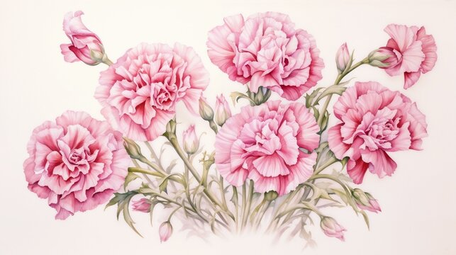 Bouquet of watercolor carnation flowers  Floral background. For posters, greeting card.