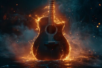 Guitar on fire on dark background