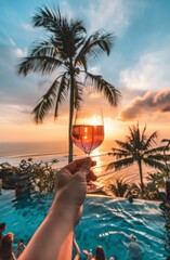 Person Holding Glass of Wine by Swimming Pool