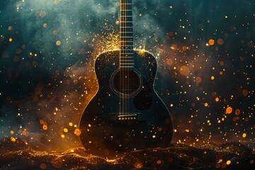 Guitar on fire on dark background - obrazy, fototapety, plakaty