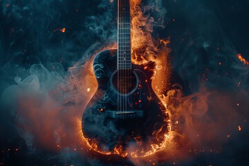 Guitar on fire on dark background