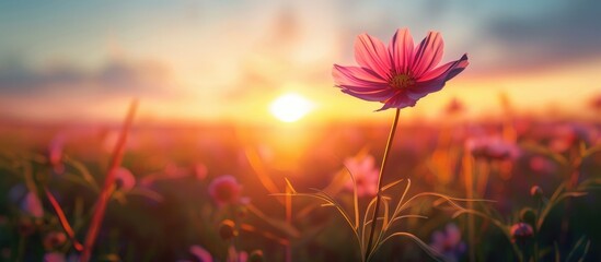 Obraz na płótnie Canvas A cosmos flower turning towards the sunrise in a field.