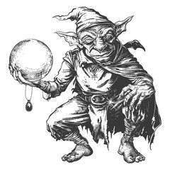 goblin mage or necromancer with magical orb images using Old engraving style