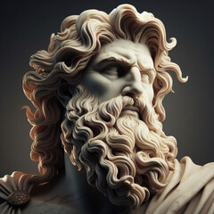 Handsome marble statue of powerful greek god Zeus over dark background, The powerful king of the gods in ancient Greek religion.	