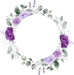 Watercolor floral wreath. Violet flowers and eucalyptus greenery illustration isolated on transparent background. Purple roses, lilac peony for wedding stationary, greeting card