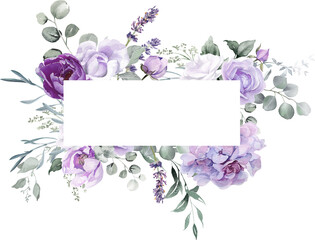 Watercolor floral border. Violet flowers and eucalyptus greenery illustration isolated on transparent background. Purple roses, lilac peony for wedding stationary, greeting card