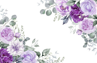 Watercolor floral corner border. Violet flowers and eucalyptus greenery illustration isolated on transparent background. Purple roses, lilac peony for wedding stationary, greeting card
