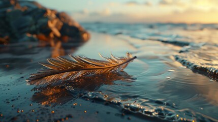 A feather laying on the beach next to a body of water, AI - Powered by Adobe