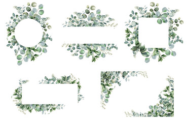 Eucalyptus leaves border set. Watercolor illustration isolated on transparent background. Greenery clipart for wedding invitation, greeting cards, save the date. Hand drawn sage green herbs