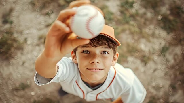 Looking down a boy baseball player wearing a baseball cap and uniform holding a baseball up. Camera pushing towards the boys face in slow motion.