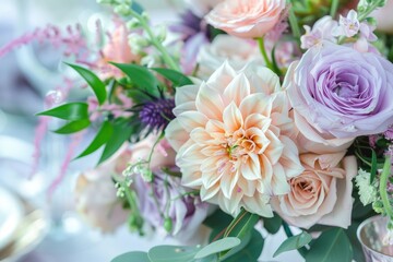 Obraz na płótnie Canvas Refined Floral Table Decor, Cream Dahlias, Blurred Background