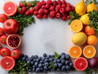 Top view of fruits and vegetables arranged neatly on a table