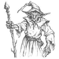 Fototapeta na wymiar goblin mage or necromancer with magical staff images using Old engraving style