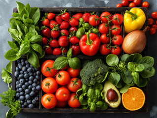 Top view of fruits and vegetables arranged neatly on a table