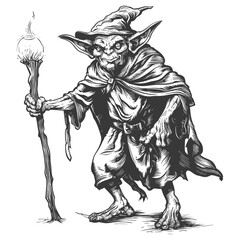 goblin mage or necromancer with magical staff images using Old engraving style