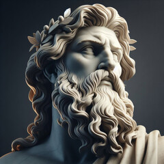 Handsome marble statue of powerful greek god Zeus over dark background, The powerful king of the gods in ancient Greek religion.	