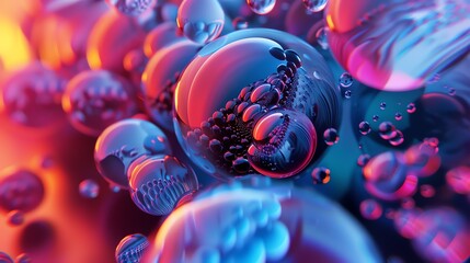 3D rendering of a close-up of a group of bubbles. The bubbles are of different sizes and colors, and they are all floating in a liquid.