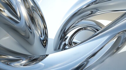 3D rendering of a close-up of a shiny silver metal surface with multiple curved shapes and indentations, lit by a bright white light.