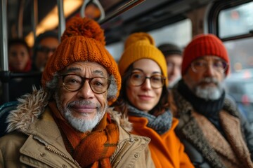 Focused on a senior man in an orange hat, surrounded by fellow passengers on a bus, signifying urban travel and diversity
