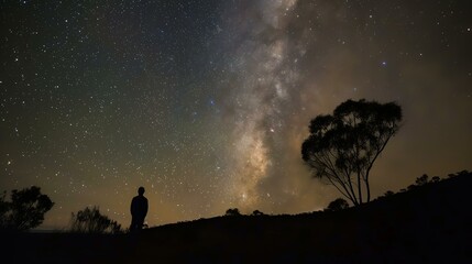 Under a sky full of stars, a man stands in the middle of a field and gazes up in wonder at the beautiful Milky Way.