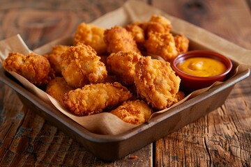 Savory Chicken Nuggets with Spicy Dip on Rustic Table - obrazy, fototapety, plakaty