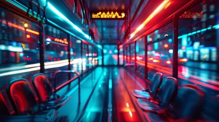 A blurry image of a bus interior with many seats and neon lights, AI