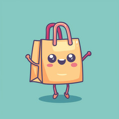 a cute shopping bag with face, arms and legs in a cartoon style