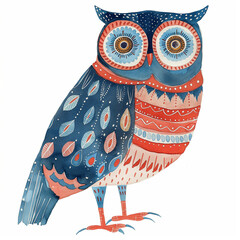 watercolor scandinavian folk art owl illustration, blue and light red colors