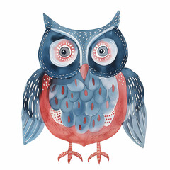 watercolor scandinavian folk art owl illustration, blue and light red colors